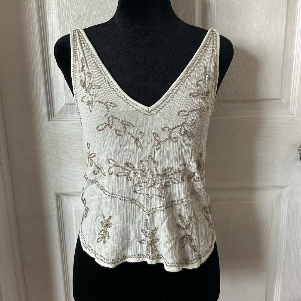 Free People Cream Embroidered Tank Top